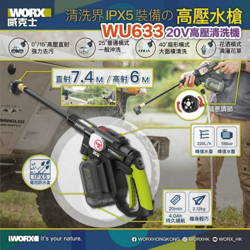 WORX WU633 20V 無刷高壓洗車機 (2A充電器/6A充電器)【香港行貨】