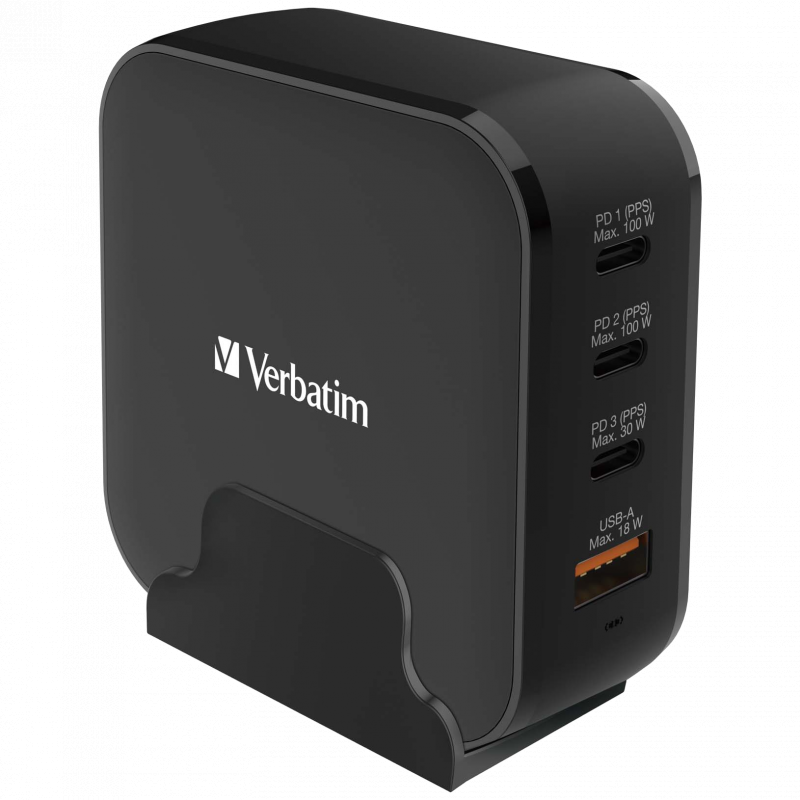 Verbatim 4端口150W PD & QC 3.0 GaN充電器 (附AC電源線+直立底座) [66910]