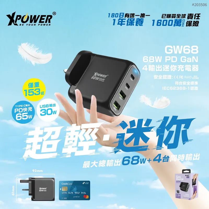 XPower GW68 68W PD 3.0/PPS/SCP迷你充電器