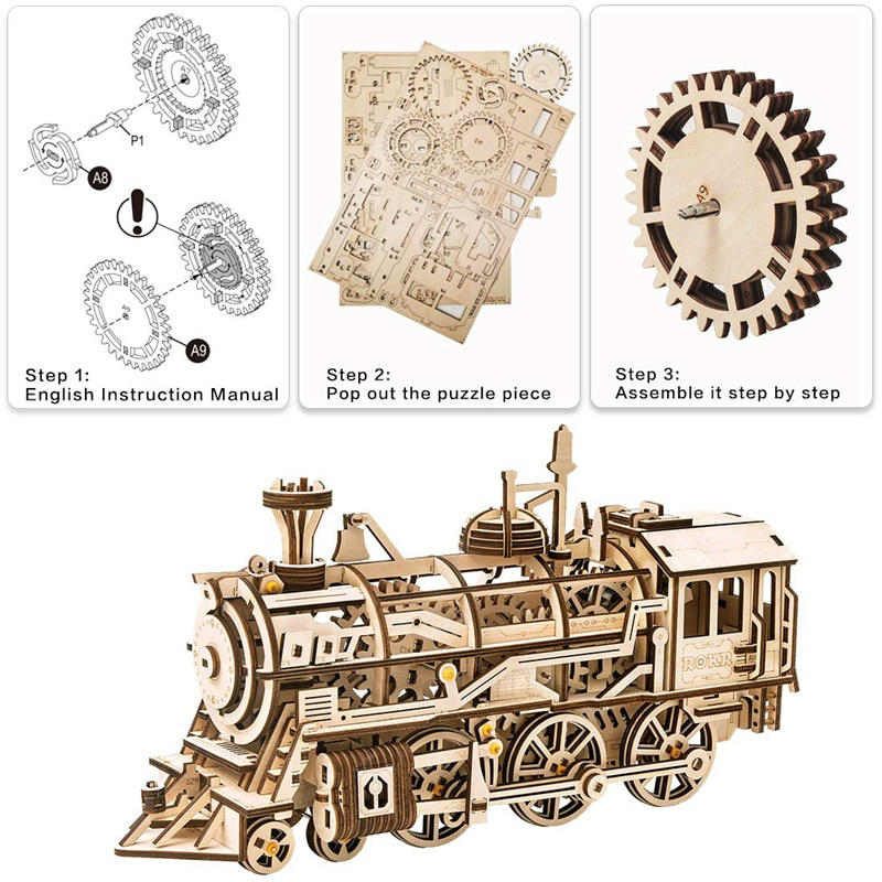 ROBOTIME - ROKR Locomotive Mechanical Gears 蒸汽火車頭 3D立體木質拼圖模型 LK701