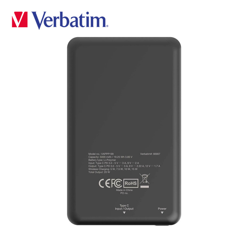 【香港行貨一年保養】Verbatim 5000mAh 磁吸無線流動充電池(#66907/#66908/#66909)