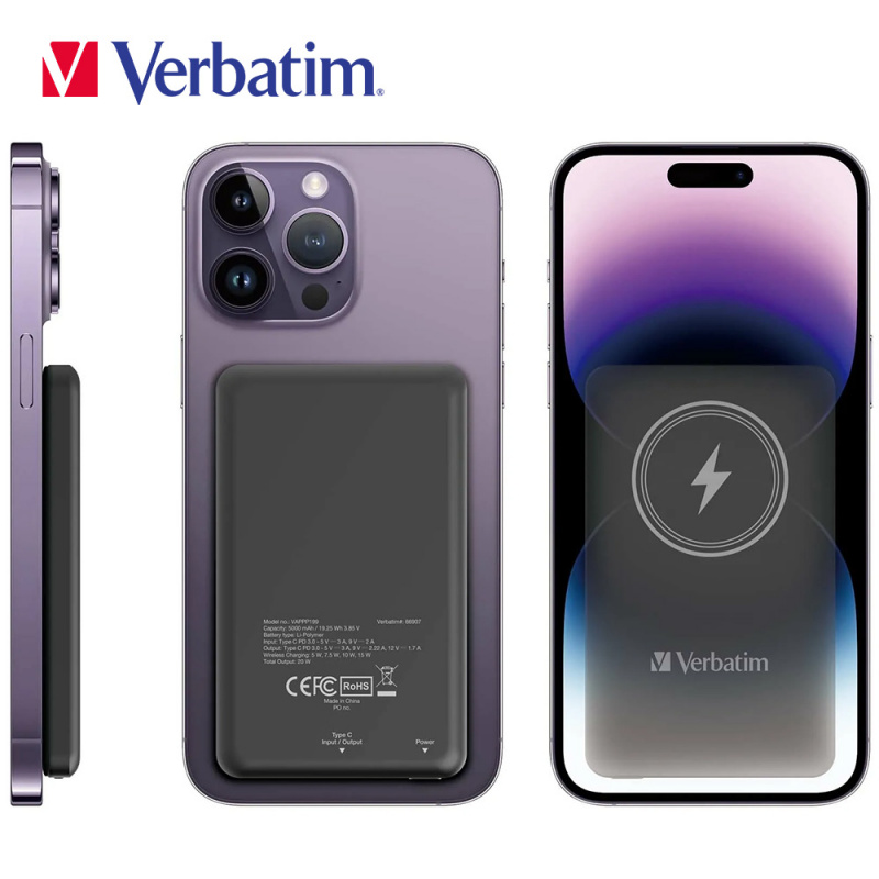 【香港行貨一年保養】Verbatim 5000mAh 磁吸無線流動充電池(#66907/#66908/#66909)