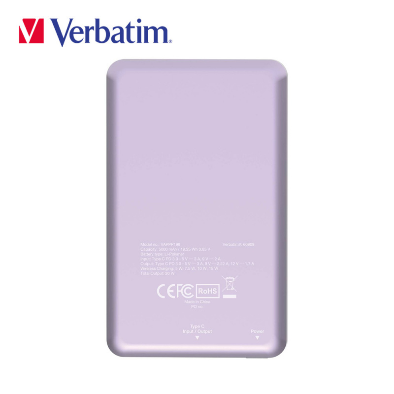 【香港行貨一年保養】Verbatim 5000mAh 磁吸無線流動充電池(#66907/#66908/#66909)