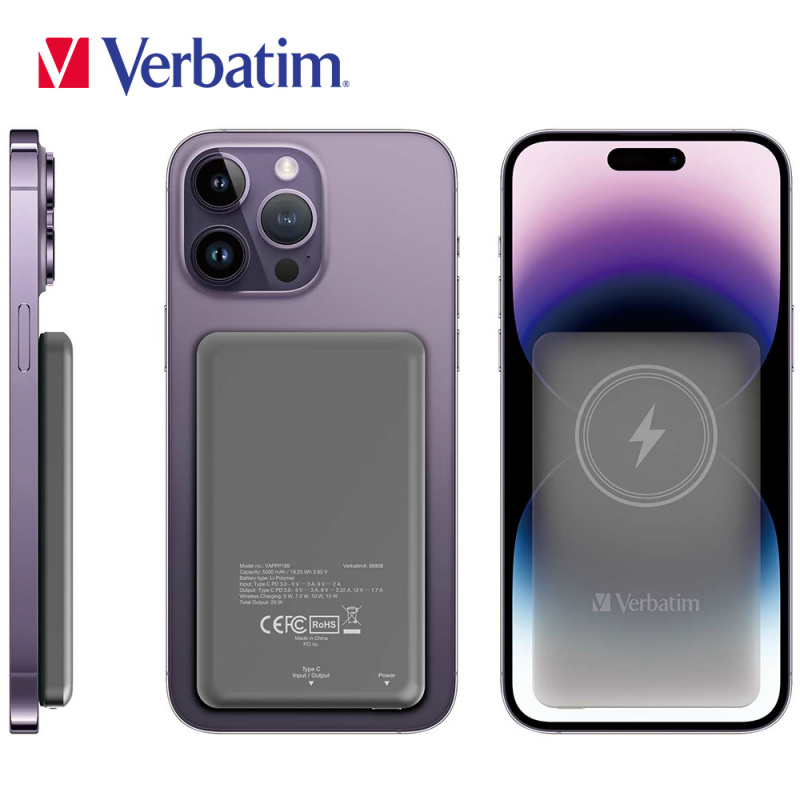 【香港行貨一年保養】Verbatim 5000mAh 磁吸無線流動充電池(#66907/#66908/#66909)