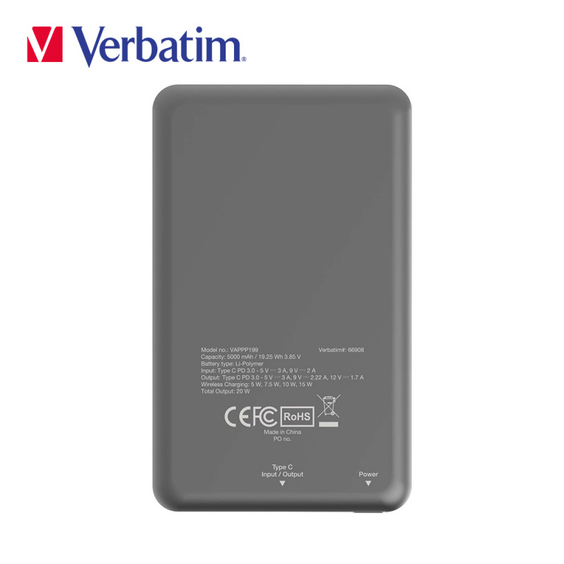 【香港行貨一年保養】Verbatim 5000mAh 磁吸無線流動充電池(#66907/#66908/#66909)