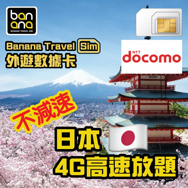 Banana Travel Sim 日本 (Docomo) 4G高速放題不減速數據咭 [5天/8天/10天/15天]