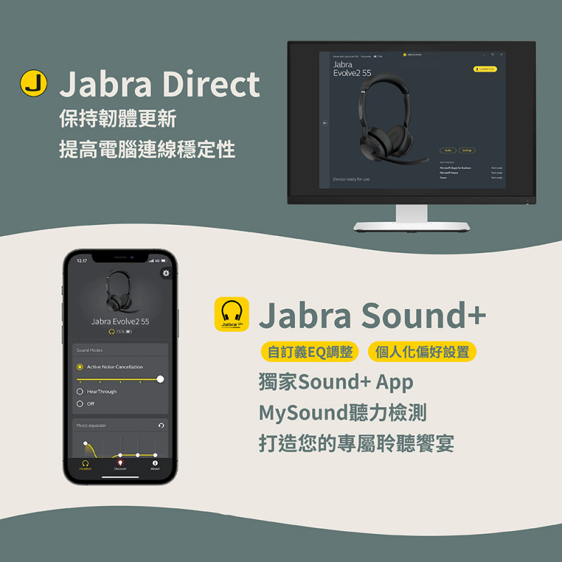 【新登場】Jabra Evolve2 55 商務頭戴式主動降噪藍牙耳機麥克風(AirComFort技術)