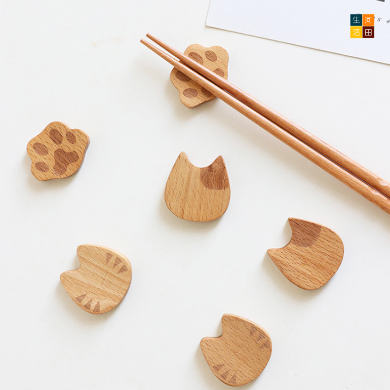 貓咪木質筷子架(一套三件) | 貓掌櫸木筷子托 | 木質木器食具