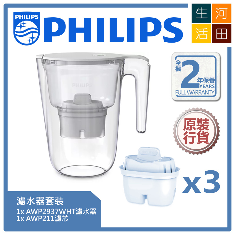 Philips 飛利浦濾水壺 AWP2937WHT (白色3.4公升) + 三件裝濾芯AWP211 套裝 | 香港行貨