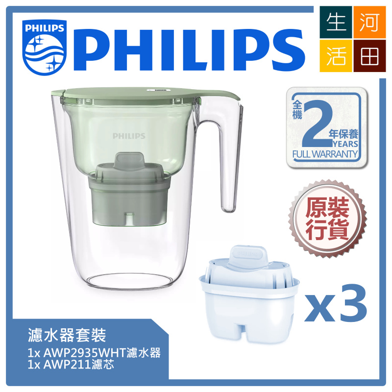 Philips 飛利浦濾水壺 AWP2935GNT (綠色2.6公升) + 三件裝濾芯AWP211 套裝 | 香港行貨