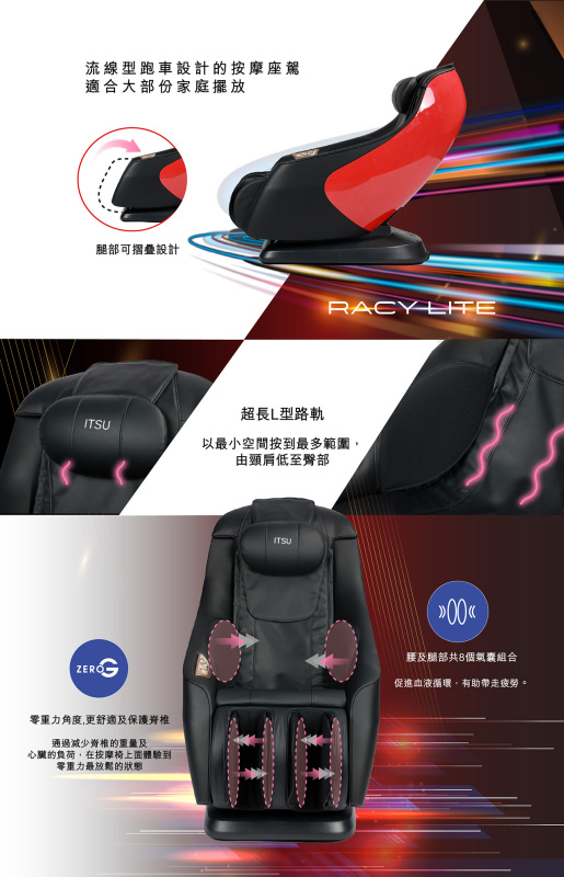 [週年激賞] ITSU Racy Lite IS-3018 按摩椅 流線型跑車設計 腿部可摺疊設計 超長L型路軌 零重力角度 更舒適及保護脊椎 共8個氣囊組合 6個智能程式 適合大部份家庭擺放 香港行貨