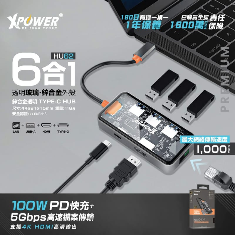 XPower HU62 6合1 100W PD 鋅合金 Type-C Hub