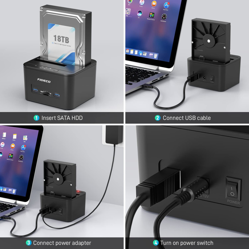 Fideco USB3.0 to SATA HDD x2 / SSD Dual-Bay Docking with USB3.0 Hub & Card Reader YPZ04-S2HC