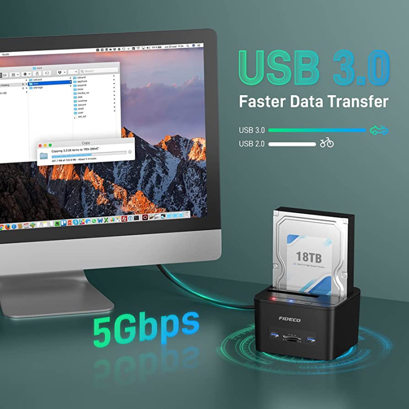 Fideco USB3.0 to SATA HDD x2 / SSD Dual-Bay Docking with USB3.0 Hub & Card Reader YPZ04-S2HC