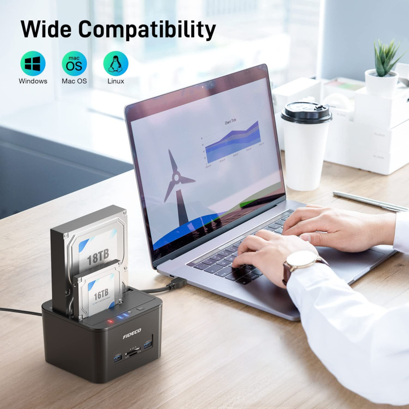 Fideco USB3.0 to SATA HDD x2 / SSD Dual-Bay Docking with USB3.0 Hub & Card Reader YPZ04-S2HC