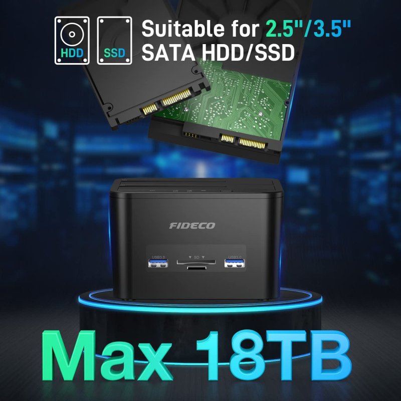 Fideco USB3.0 to SATA HDD x2 / SSD Dual-Bay Docking with USB3.0 Hub & Card Reader YPZ04-S2HC