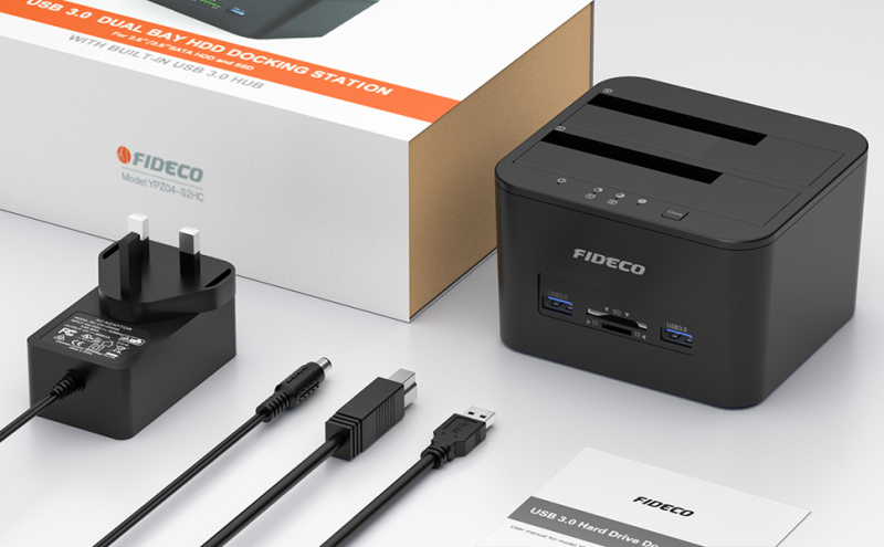 Fideco USB3.0 to SATA HDD x2 / SSD Dual-Bay Docking with USB3.0 Hub & Card Reader YPZ04-S2HC