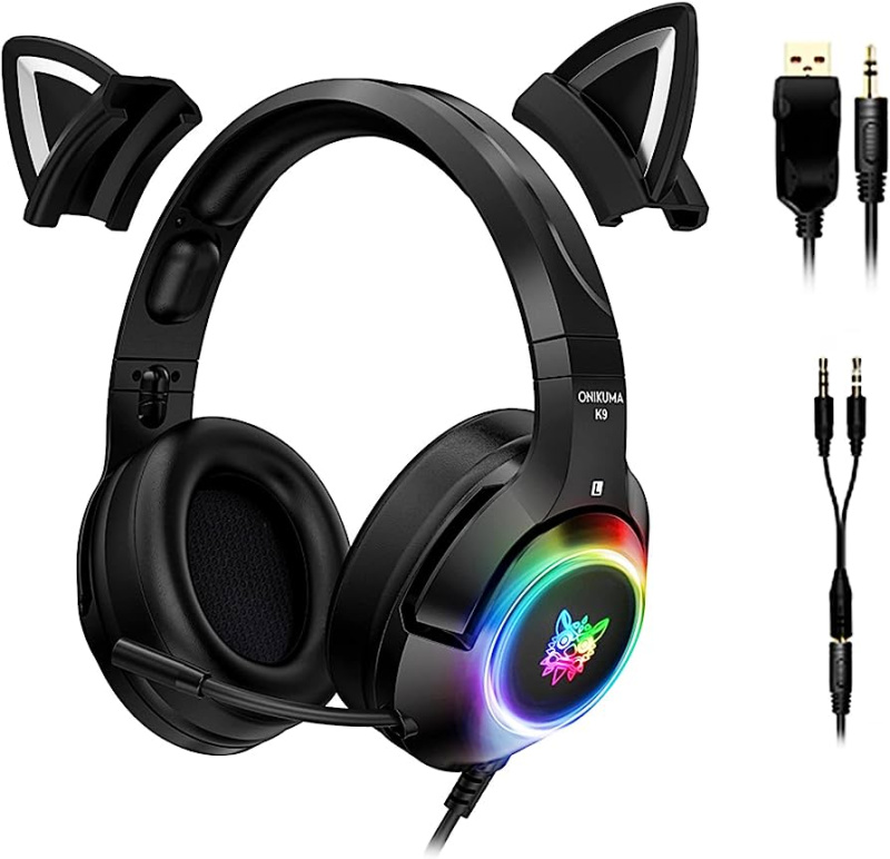 Onikuma RGB Gaming Headset with mic 頭戴式電競耳機 貓耳朵(可拆卸) K9