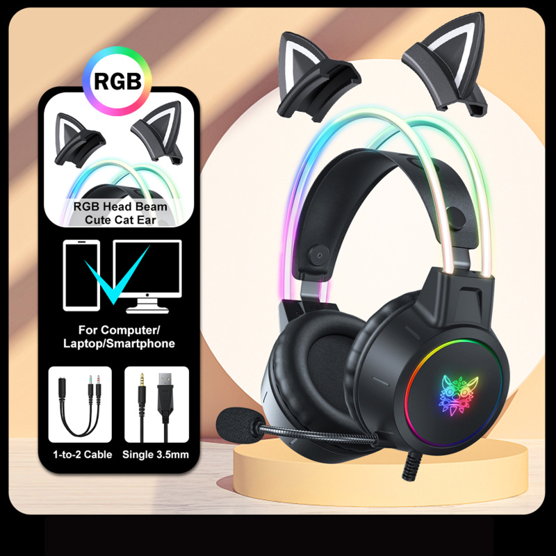 Onikuma RGB Gaming Headset with mic 頭戴式電競耳機 貓耳朵(可拆卸) X15 Pro