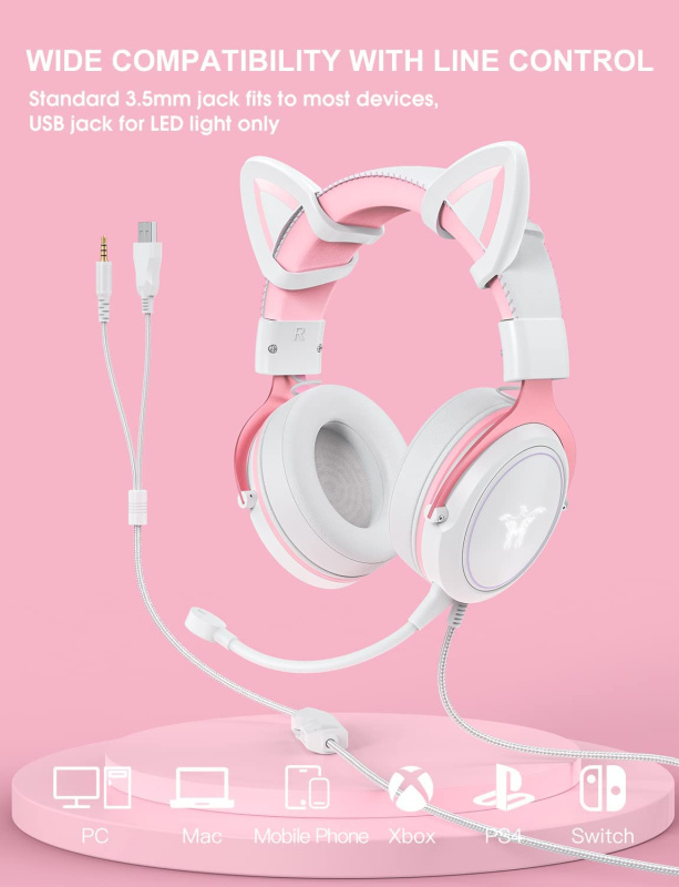 Onikuma RGB Gaming Headset with mic 頭戴式電競耳機 貓耳朵(可拆卸) X10