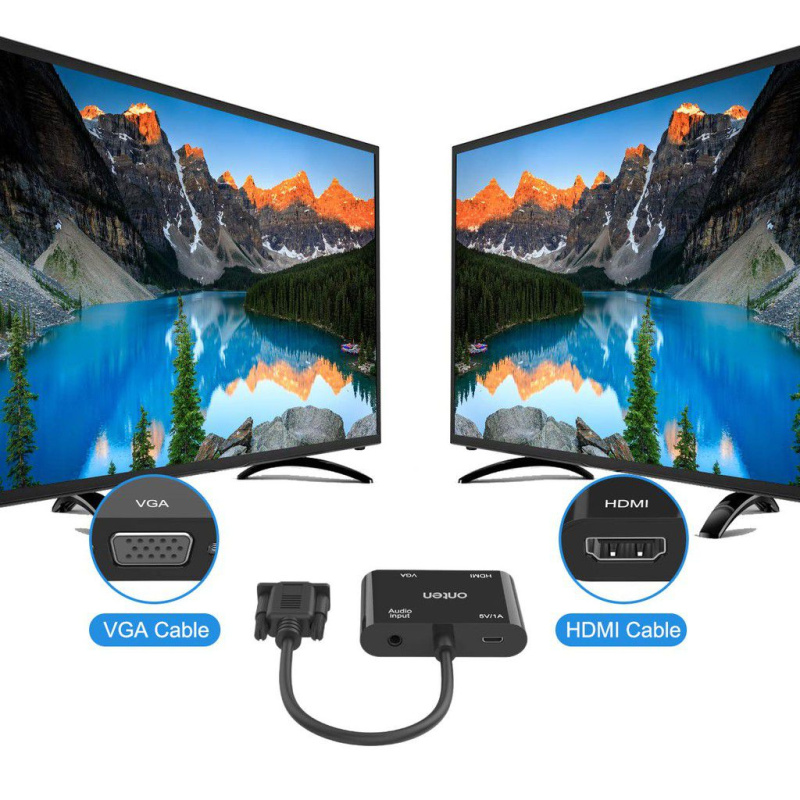 Onten VGA to HDMI + VGA with Audio Adapter and DC 5V1A Power Supply Port OTN-5138HV