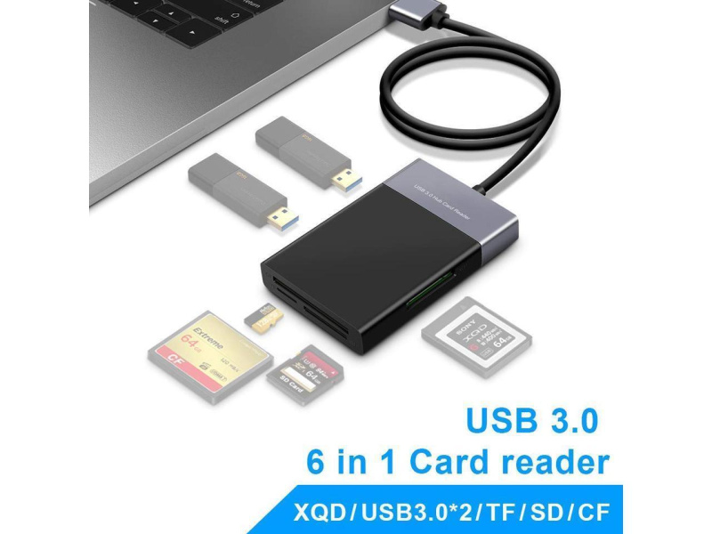 Onten 6 in 1 USB 3.0 Multi-Function Card Reader Hub XQD / CF / SD / TF / 2* USB3.0 OTN-5215B