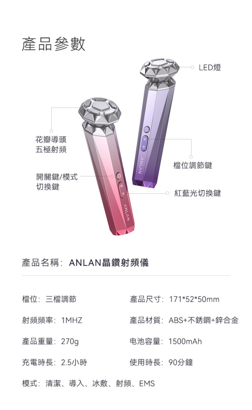 日本ANLAN - 晶鑽射頻美容儀 (紫色) ADRY14-10A｜射頻儀｜EMS微電流｜多功能美容儀｜導出儀｜LED光療機｜家用美容儀 【原裝行貨】【+送Kusa M
