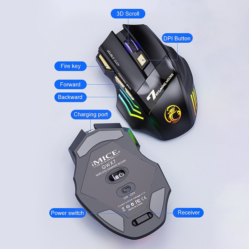 iMice RGB Gaming Mouse - Rechargeable Wireless 2.4G + Bluetooth GW-X7