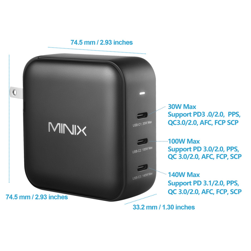 Minix Neo P140 140w GaN PD+USB Charger, 3 x USB Type-C USB-C 旅行插頭充電器
