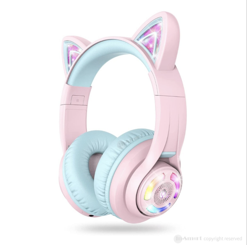 iClever - RGB 粉紅色貓耳有線/無線藍牙兒童耳機帶咪,  聽覺保護音量限制 BTH13