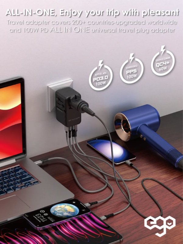 EGO 120W Travel 氮化鎵Pro 4USB 旅行轉換插頭