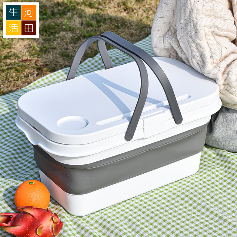 多功能摺疊式野菜籃連蓋(白色 / 灰色)|攜帶式露營餐桌蔬果野餐籃|戶外大容量購物籃