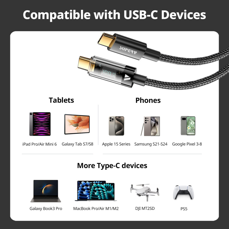 SUPERV RT100 USB-C to USB-C Cable 100W PD100W Fast Charging 120cm