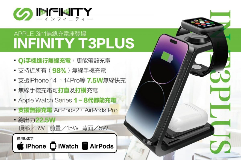 Infinity T3 Plus 3合1 無線充電座 (支持iPhone，Apple Watch, Airpods 同時充電)
