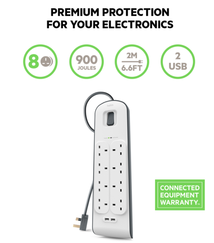 Belkin 2.4 安培 USB 充電 8 位防雷保護拖板 (連兩位USB充電) (BSV804sa2M)