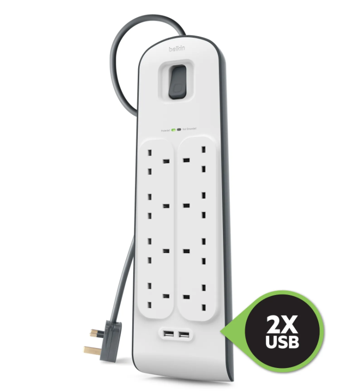 Belkin 2.4 安培 USB 充電 8 位防雷保護拖板 (連兩位USB充電) (BSV804sa2M)