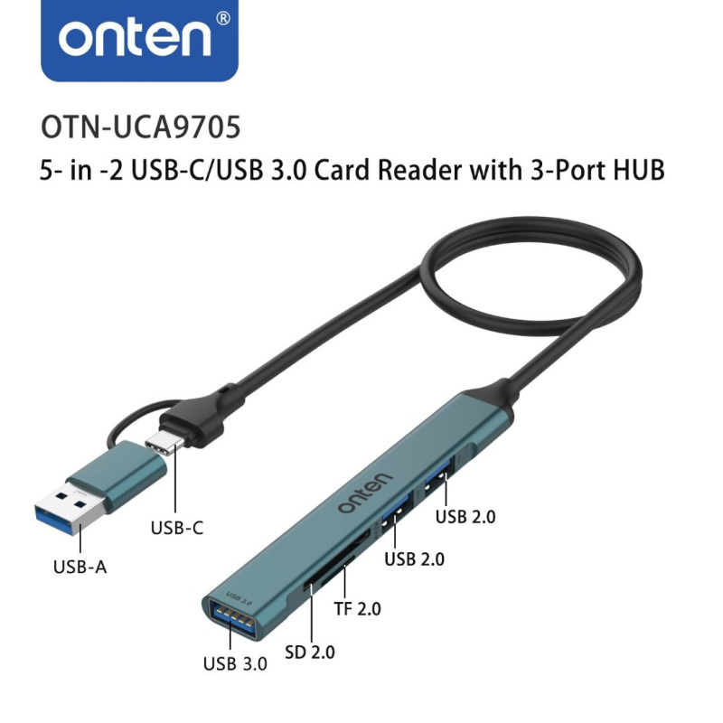 Onten 5 in 2 Type-C / USB3.0 Card Reader with 3 ports USB HUB 集線器 OTN-UCA9705