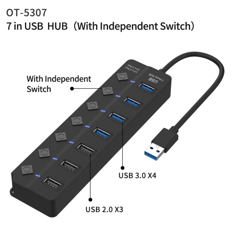 Onten USB x 7 Ports Hub with LED on/off switch and Power Supply Port OTN-5307
