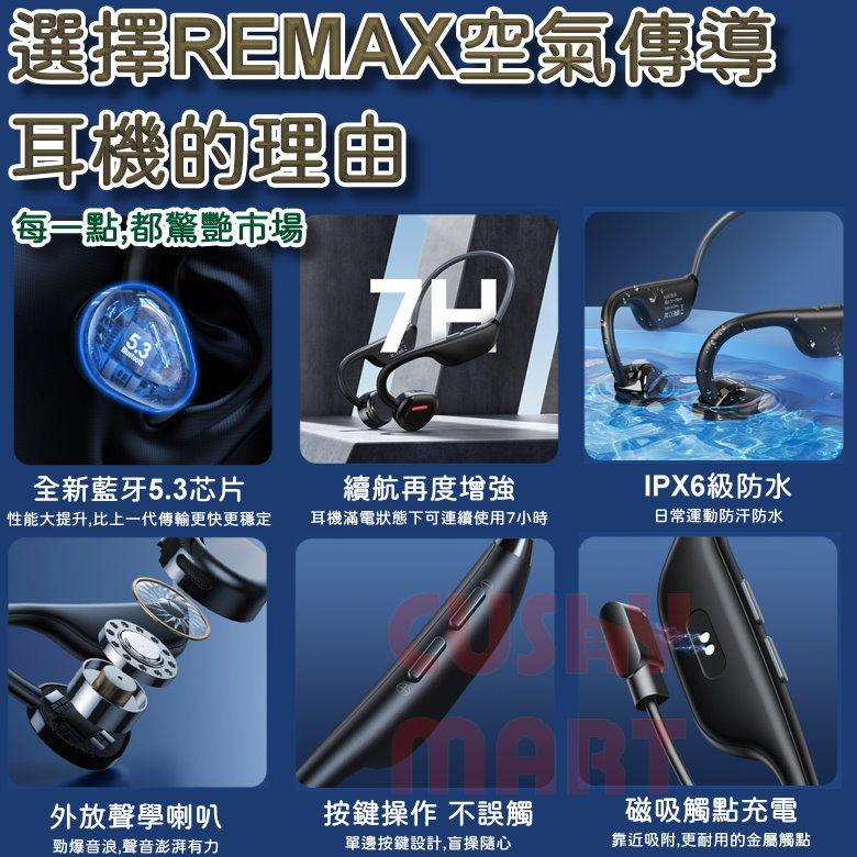REMAX - RB-S8 藍牙5.3 空氣傳導式防水無線聽歌及可通話運動耳機 (黑色)［平行進口］