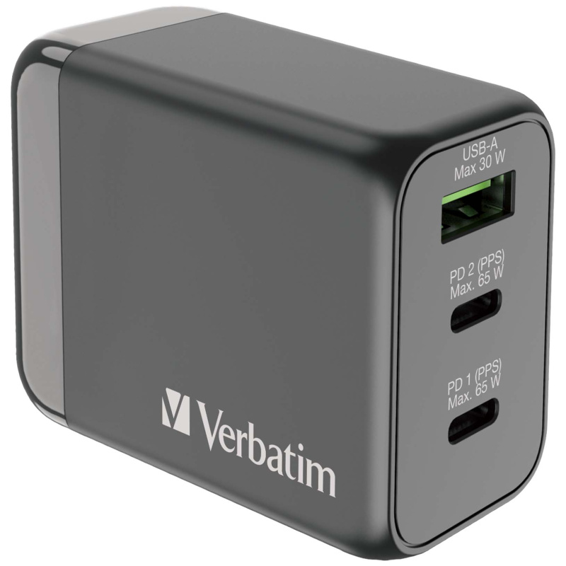 Verbatim 3端口 65W PD 3.0 & QC 3.0 GaN旅行充電器 [66963]