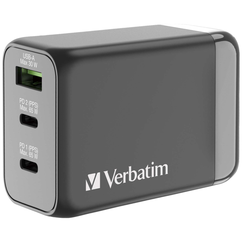 Verbatim 3 端口 65W PD 3.0 和 QC 3.0 GaN旅行充電器 (66963)