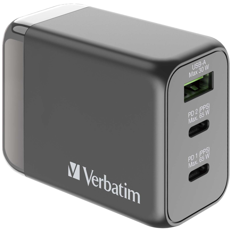 Verbatim 3 端口 65W PD 3.0 和 QC 3.0 GaN旅行充電器 (66963)