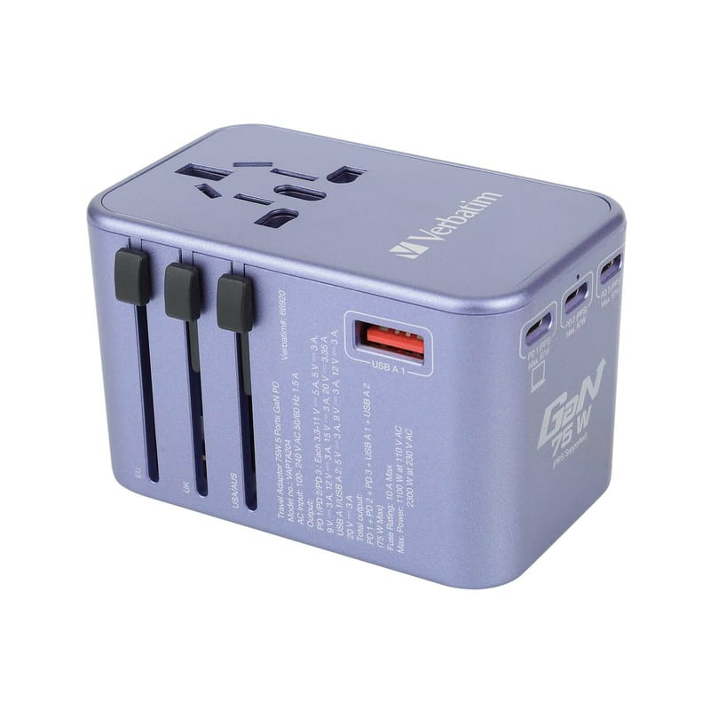 Verbatim 5 端口 75W PD 3.0 & QC 3.0 GaN 通用旅行轉插 66919 / 66920