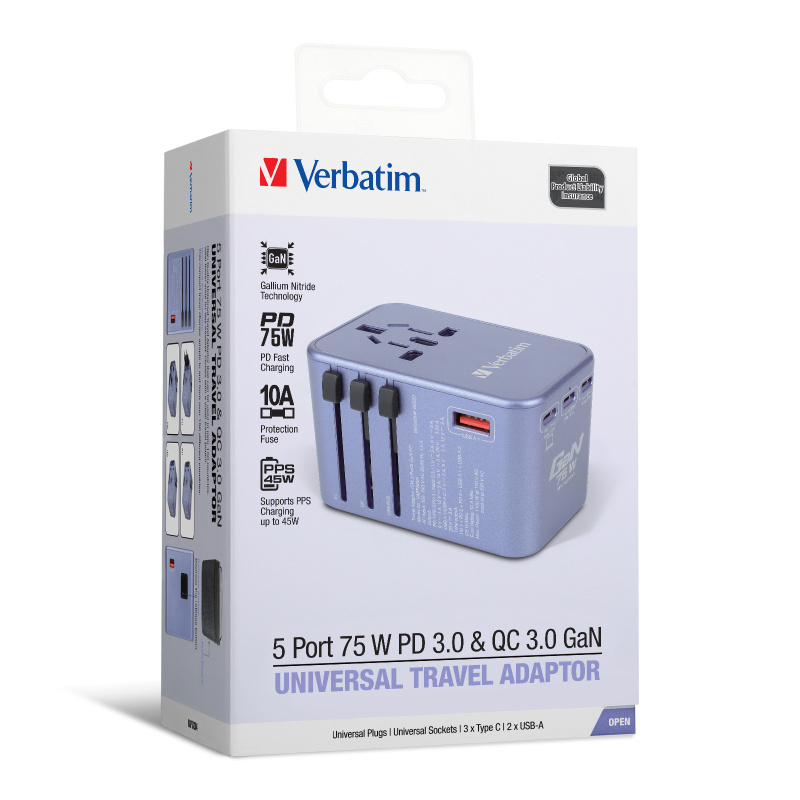 Verbatim 5 端口 75W PD 3.0 & QC 3.0 GaN 通用旅行轉插 66919 / 66920