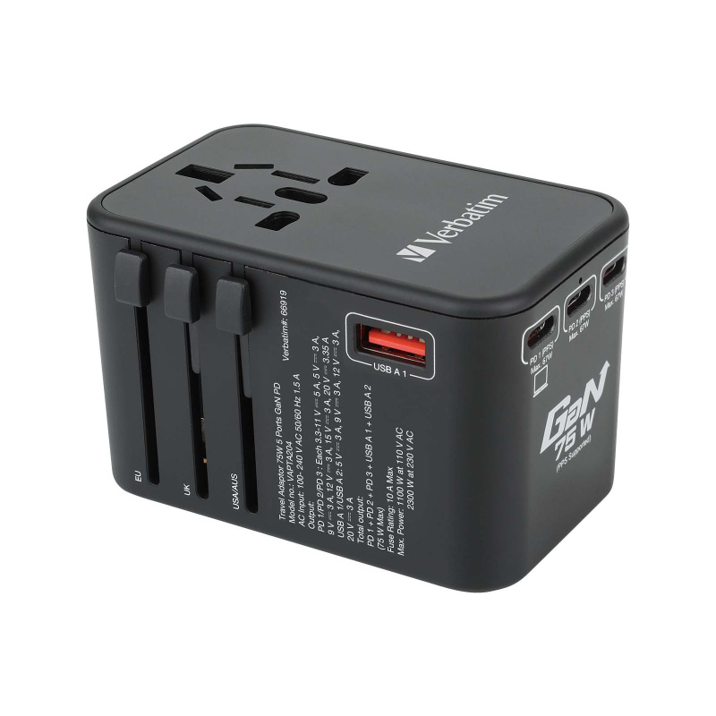 Verbatim 5 端口 75W PD 3.0 & QC 3.0 GaN 通用旅行轉插 66919 / 66920