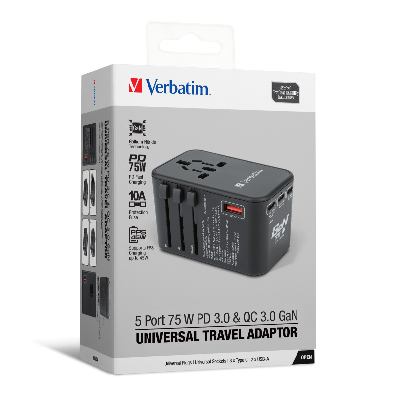 Verbatim 5 端口 75W PD 3.0 & QC 3.0 GaN 通用旅行轉插 66919 / 66920
