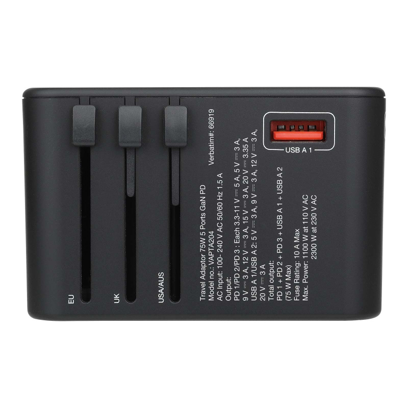 Verbatim 5 端口 75W PD 3.0 & QC 3.0 GaN 通用旅行轉插 66919 / 66920
