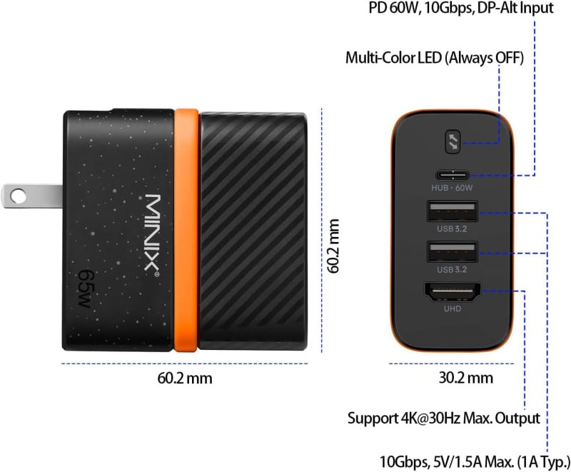 Minix P4K 4K HDMI Hub with 65W GaN Charger Adapter for Switch, Laptop, Smartphone, Tablet