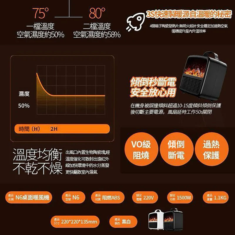 Yachi 3D火焰桌面暖風機 N6