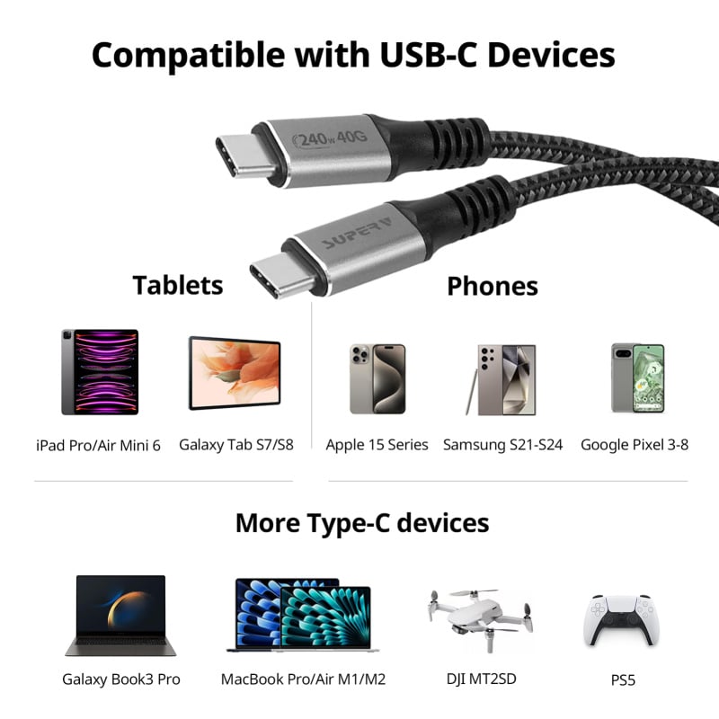 SUPERV CC240 USB4 Cable 240W 1m PD3.1 40Gbps 8K Video Output